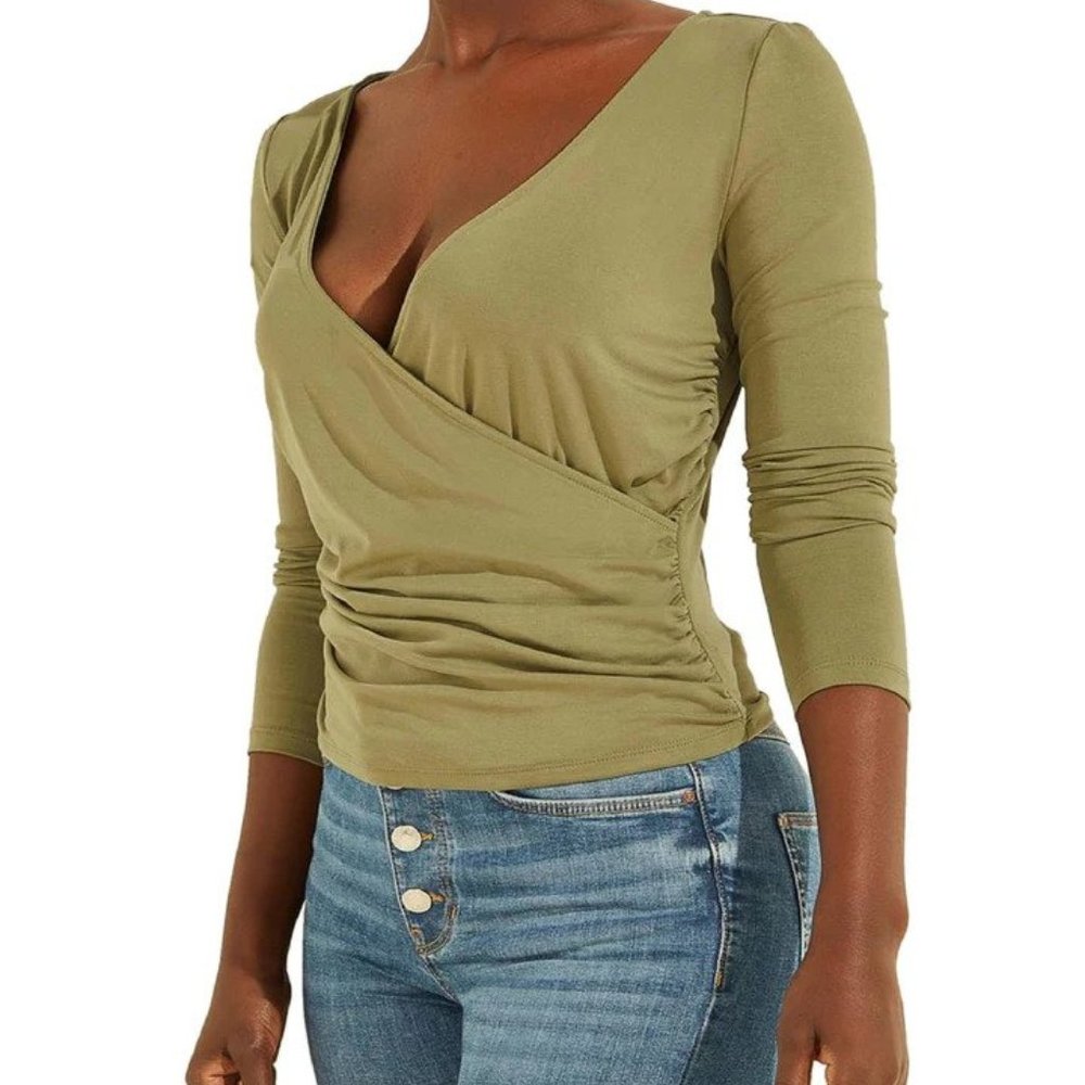Guess Women's Long Sleeve Mena Tencel Crossover  Top XS / Lichen Leaf Green